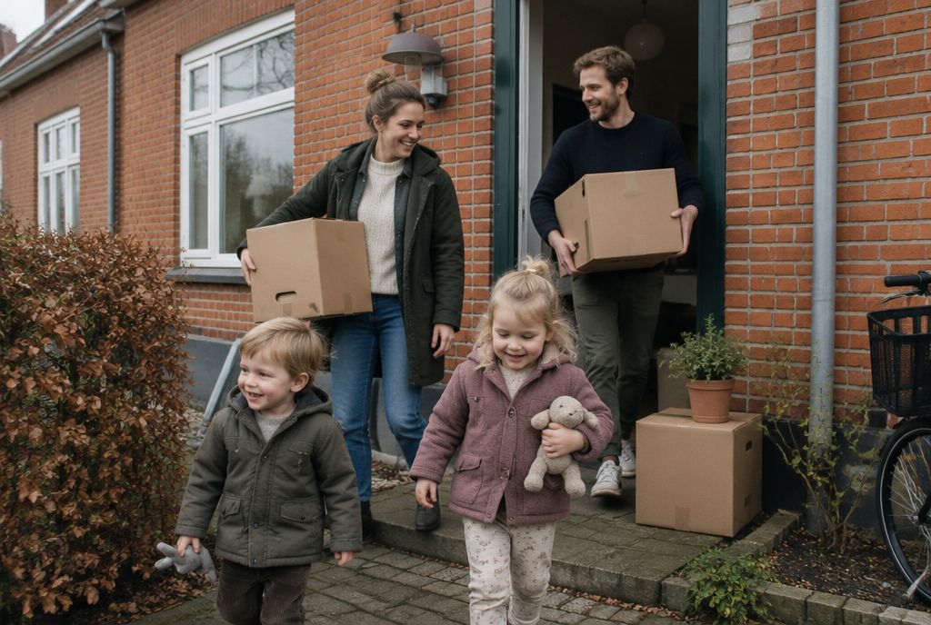 Familie på vej ud af deres hjem med flyttekasser